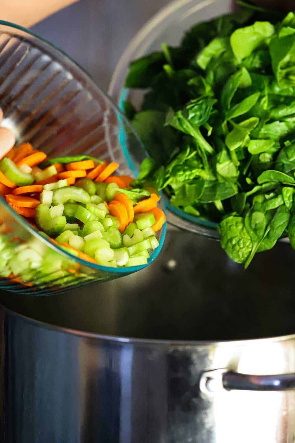 Two glass bowls, one filled with sliced celery and carrots and the other with spinach, both over a stock pot.