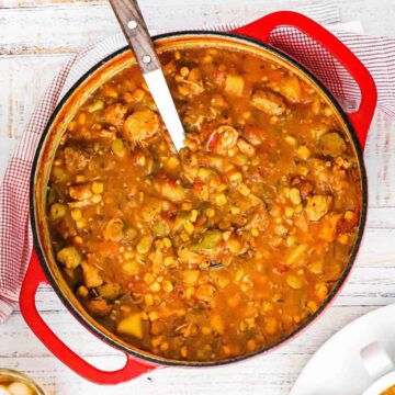 A large circular red Dutch oven filled with Brunswick stew with a large ladle placed in the pot.