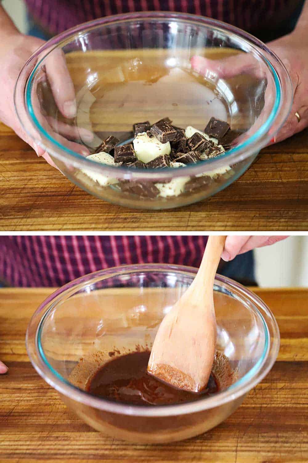 A glass bowl filled with semisweet chocolate and butter and then again after its been melted.
