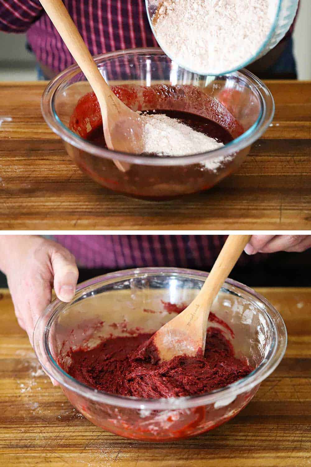 A person dumping a flour mixture into a chocolate mixture and then completely mixed together with a wooden spoon.