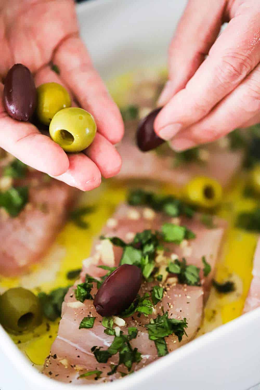 Two hands placing pitted green and Kalamata olives into a baking dish filled with fish fillets covered in olive oil, basil, and garlic.