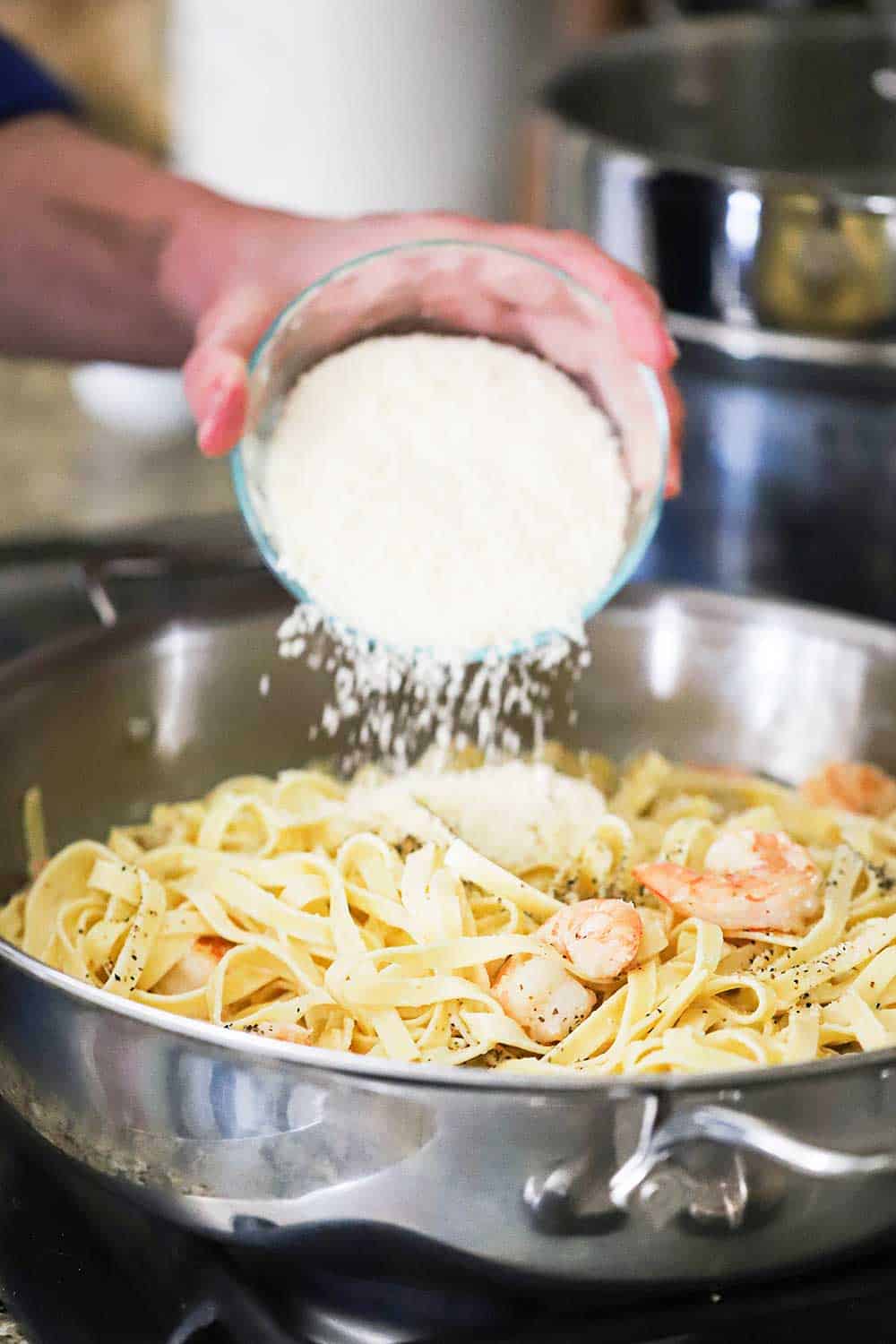 A person transferring a cup of grated Parmigiano-Regianno cheese into a skillet of cooked shrimp and fettuccine in a light cream sauce.