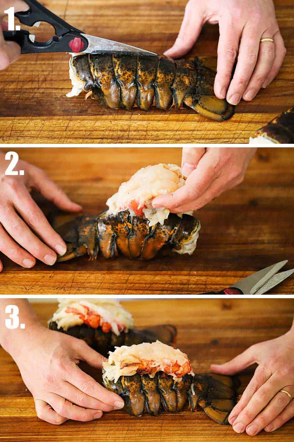 A person using kitchen shears to cut down the middle of an uncooked lobster tail and then that person removing the lobster meat and placing on top of the tail.