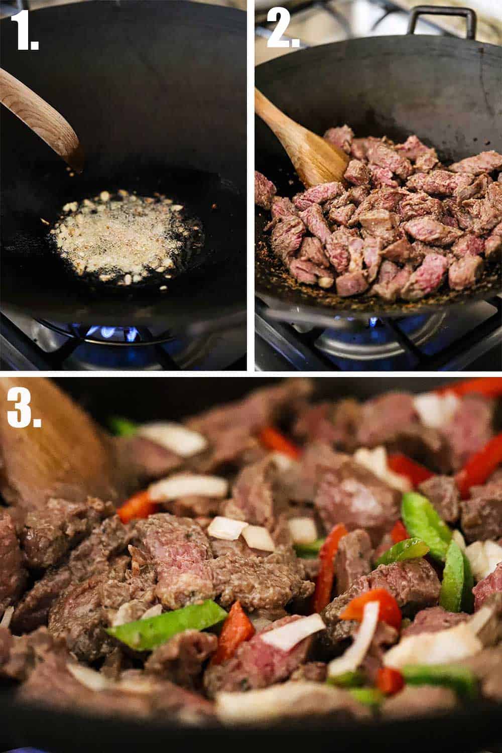 Minced garlic sizzling in oil in a wok, and then sliced beef added to the wok, and then sliced bell peppers added, too, all cooked in the wok.