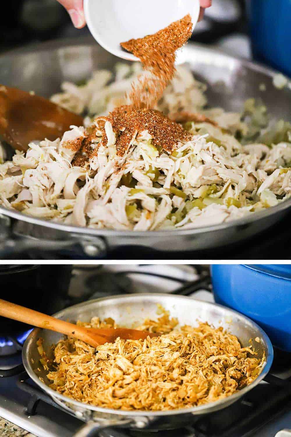 A person transferring taco seasoning from a small with bowl into a skillet of cooked, shredded chicken, and then a spoon stirring the seasoned chicken in the same skillet.