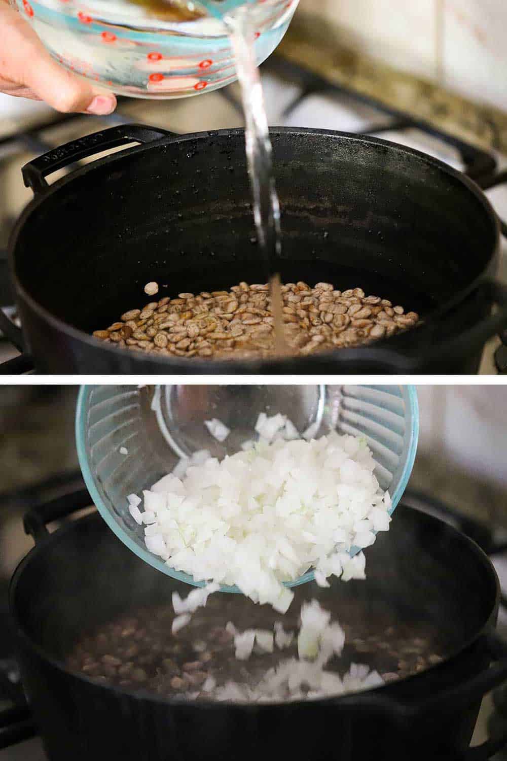 A person pouring water into a pot filled with dried pinto beans, and then chopped onions being transferred into the same pot after the water came to a boil.
