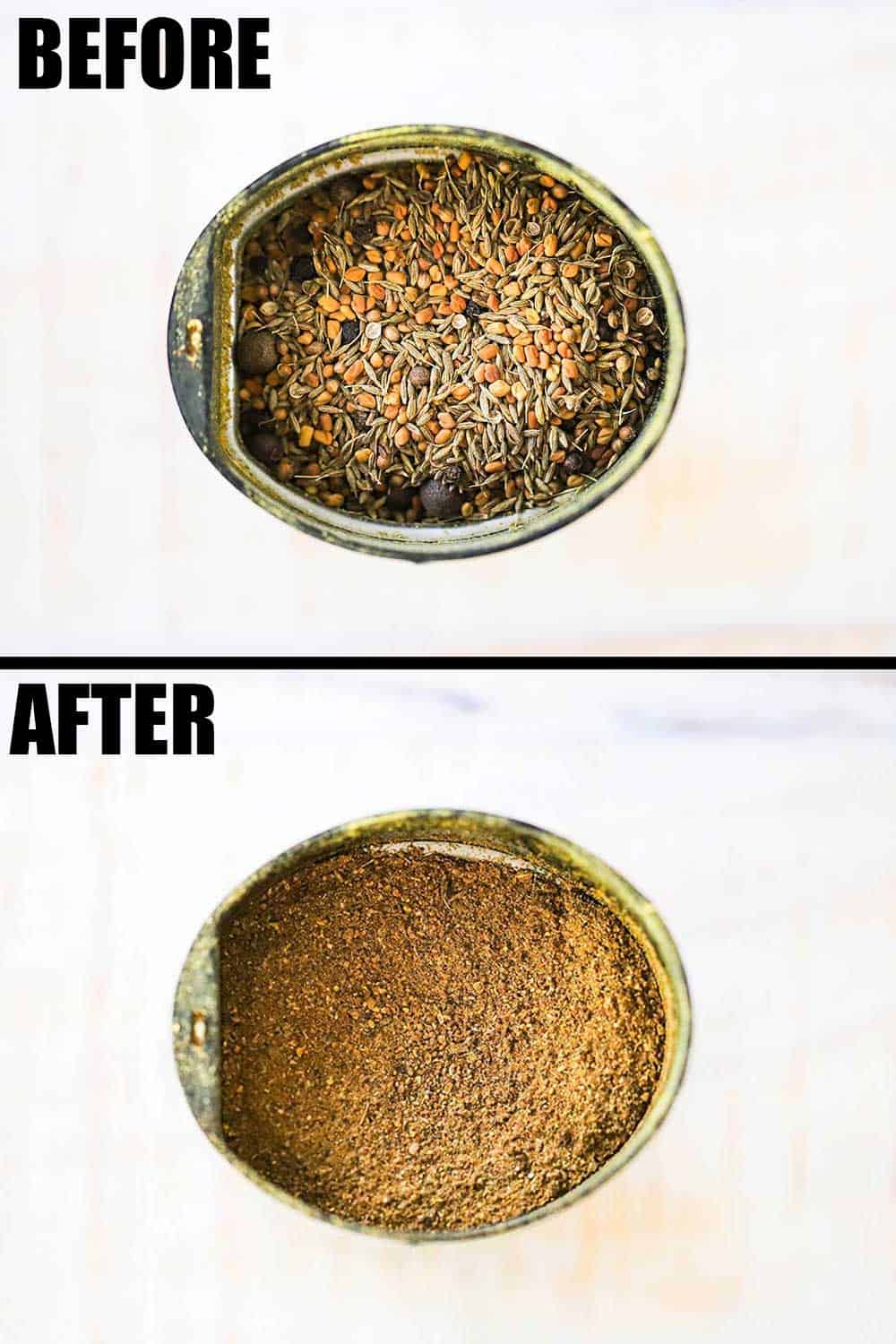 A spice grinder filled with toasted seeds and then again after the seeds have been ground.