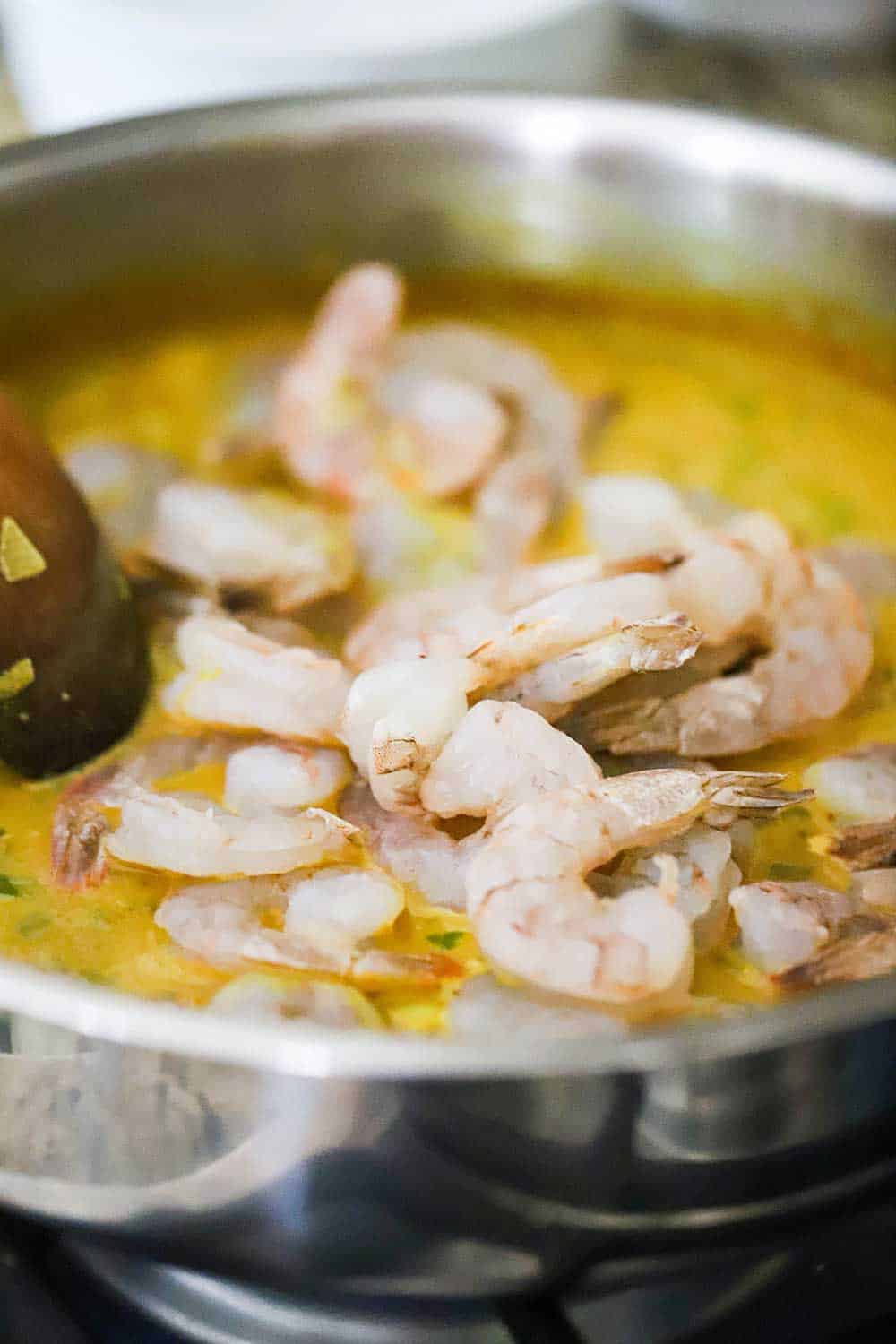 A large steel skillet filled with a Jamaican curry sauce with a pile of uncooked shrimp in the middle of it, being stirred by a wooden spoon.