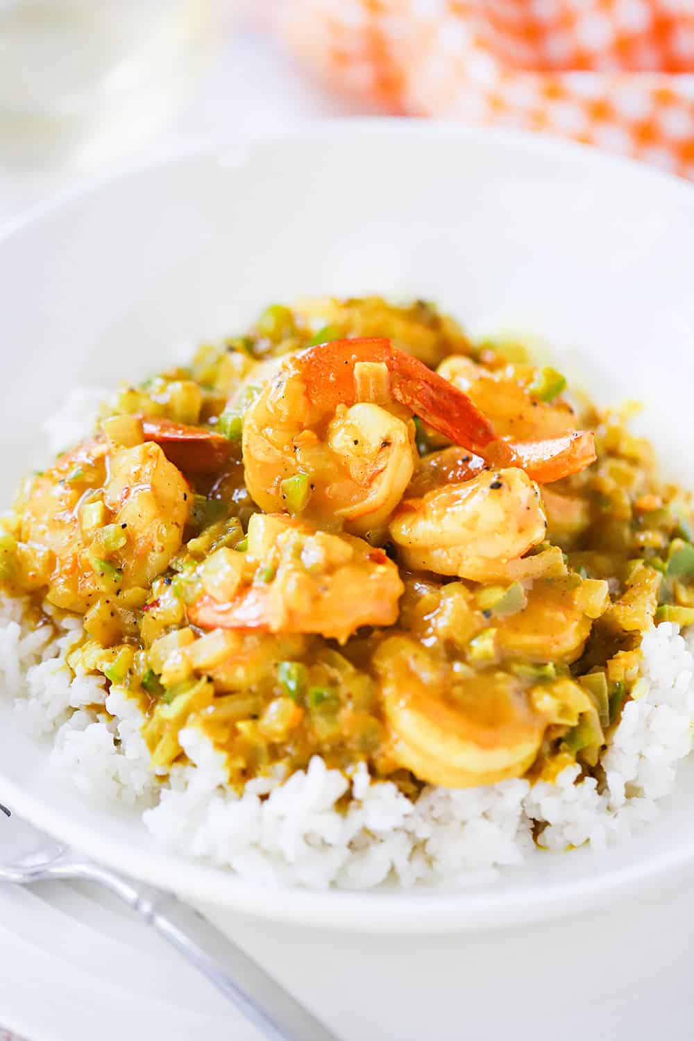 A circular white dinner bowl filled with shrimp curry on top of steamed white rice.