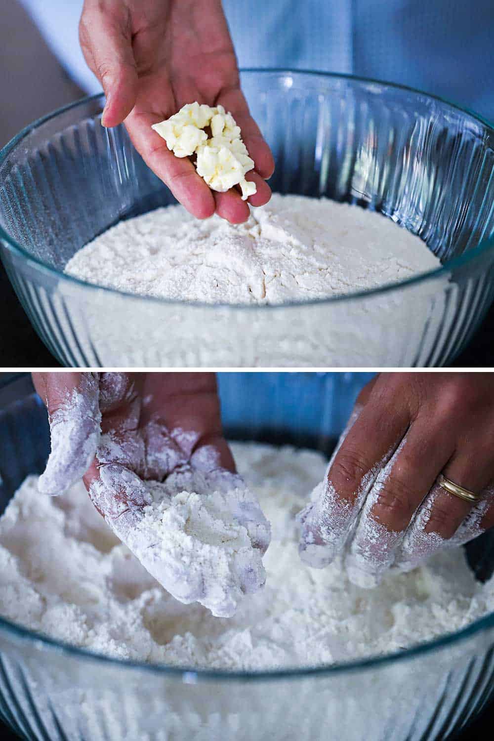 A hand holding cubed butter pieces over a bowl of sifted flour, and then the butter being incorporated into the flour with a pair of hands.