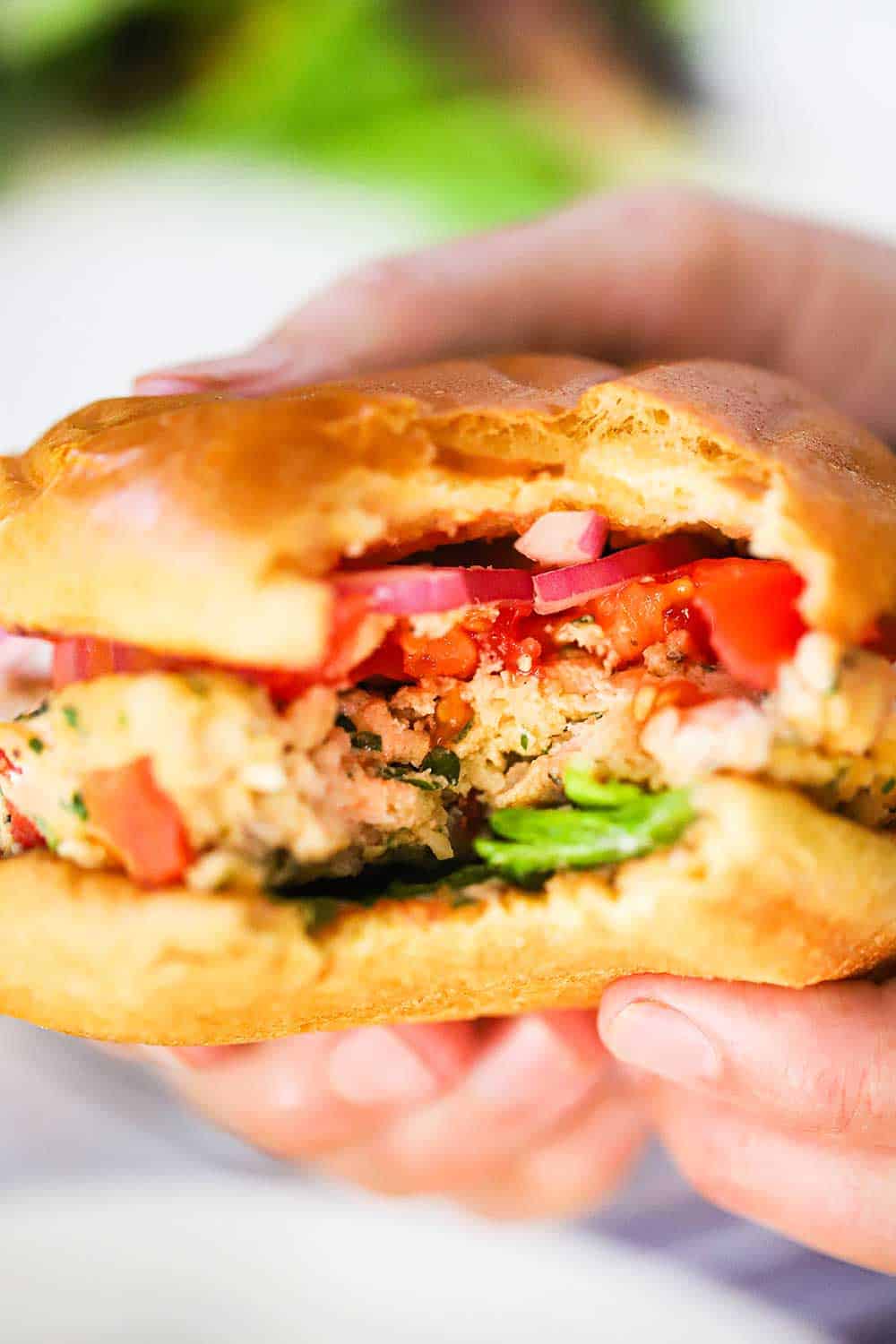 Two hands holding a salmon burger with a bite taken out of it.