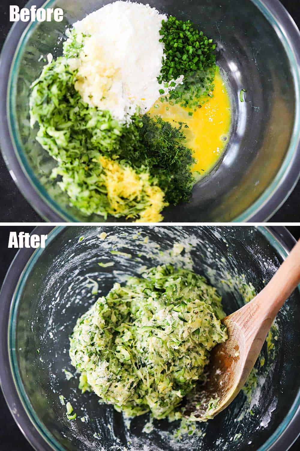 A glass bowl filled with shredded zucchini, parmesan cheese, egg, chives, and lemon zest and then the bowl again with all of these ingredients combined.