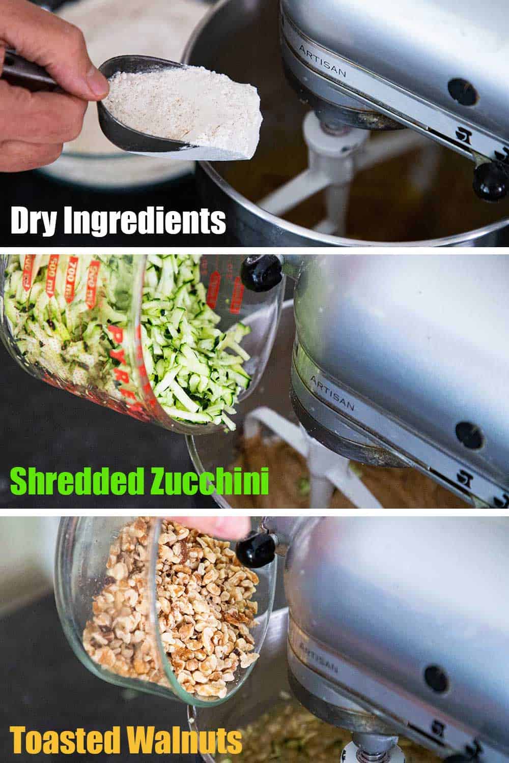 A person using a scooper to add flour into a mixer, and then the person is dumping shredded zucchini into the mixer, and then chopped walnuts, in the mixer.