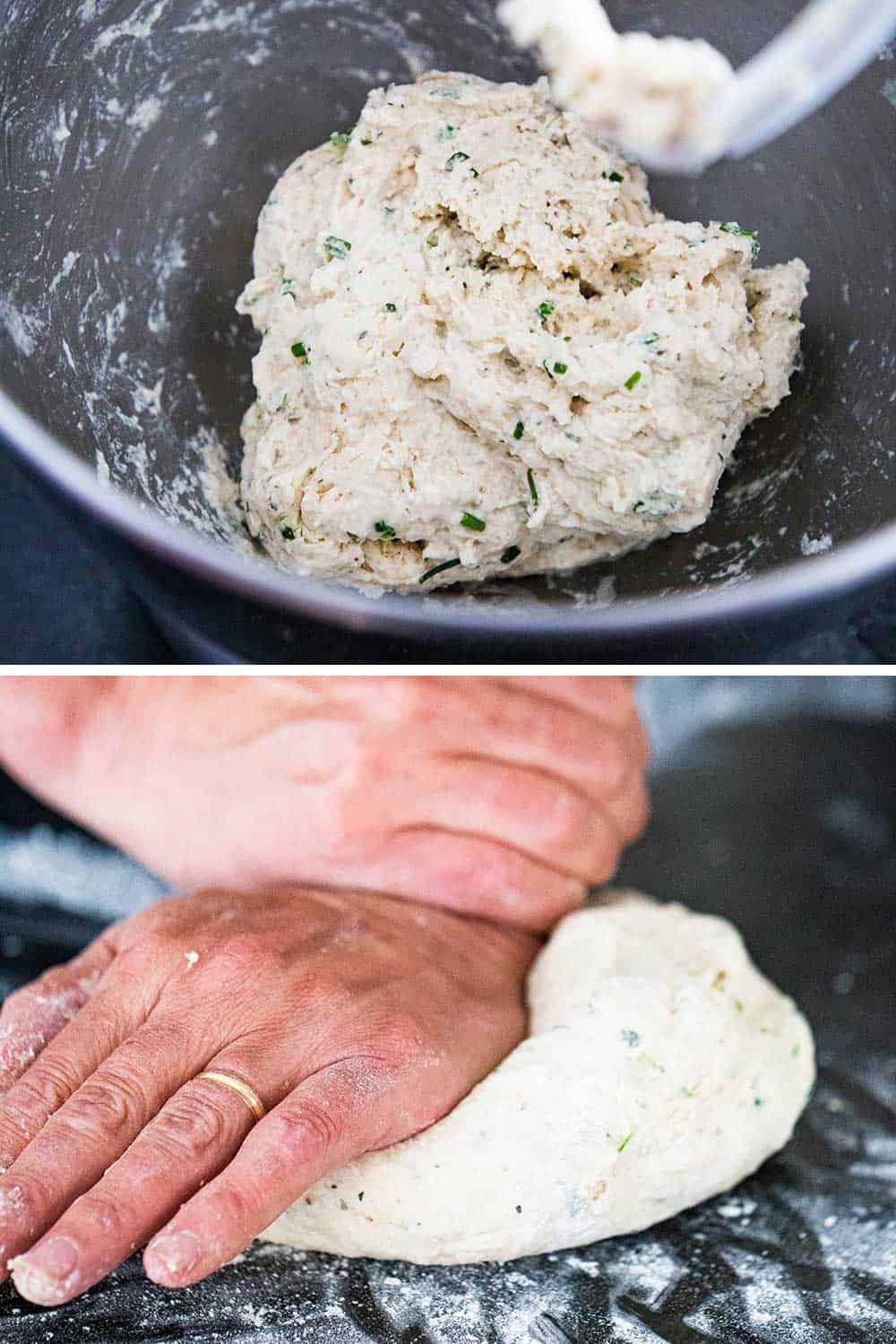 A ball of herb bread dough in the bowl of a stand mixer and then a person kneading the dough with his hands.