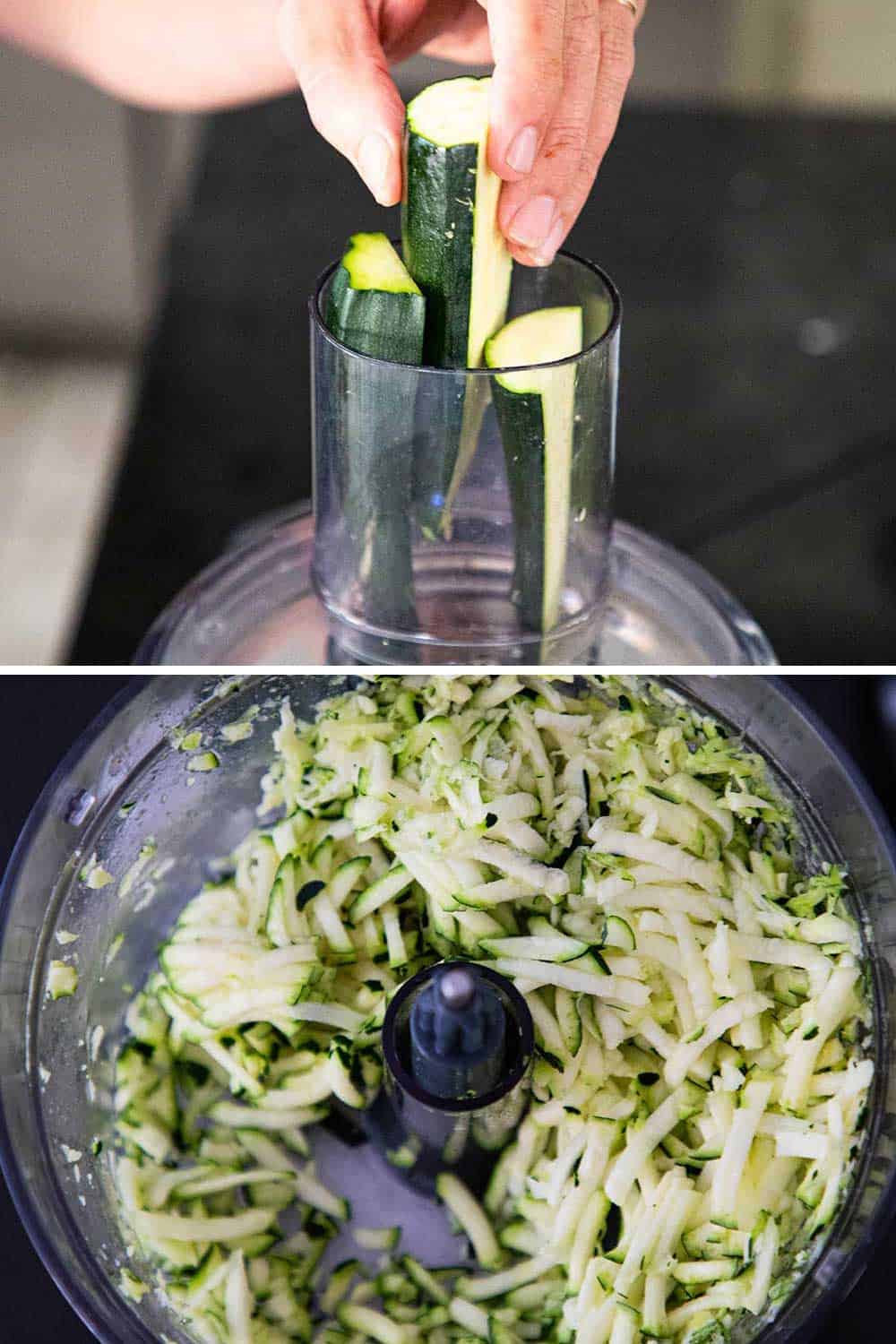 Quartered pieces of zucchini being place into the tube on the lid of a food processor, and then the zucchini after it's been shredded.