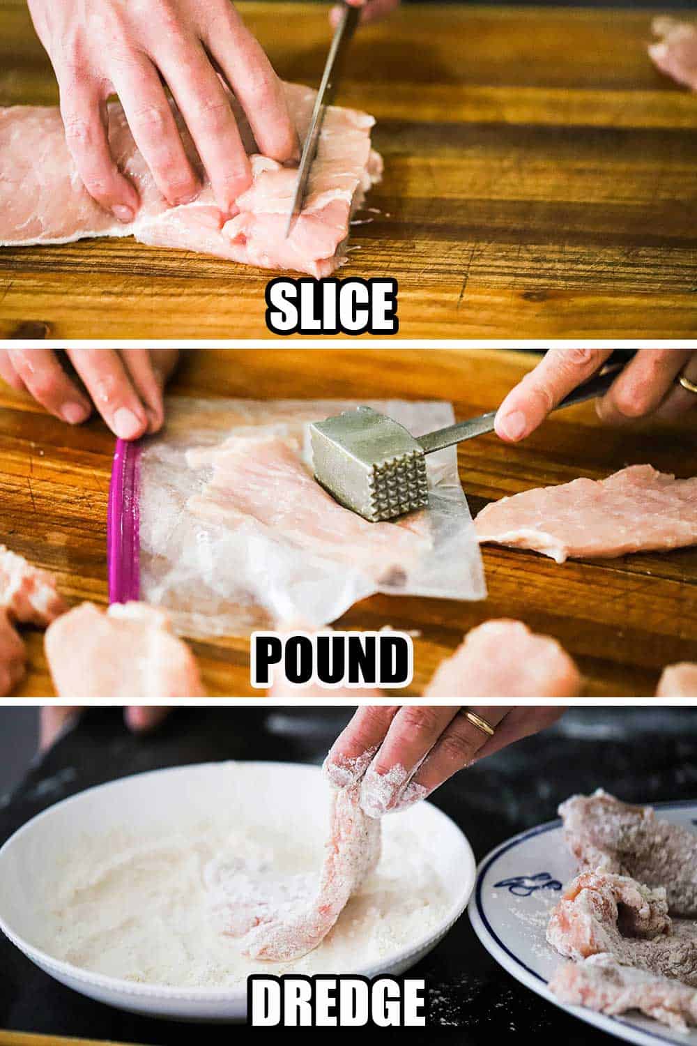 A person slicing a pork tenderloin on a cutting board and then pounding that slice in a plastic baggie with a mallet and then dredging it through flour.