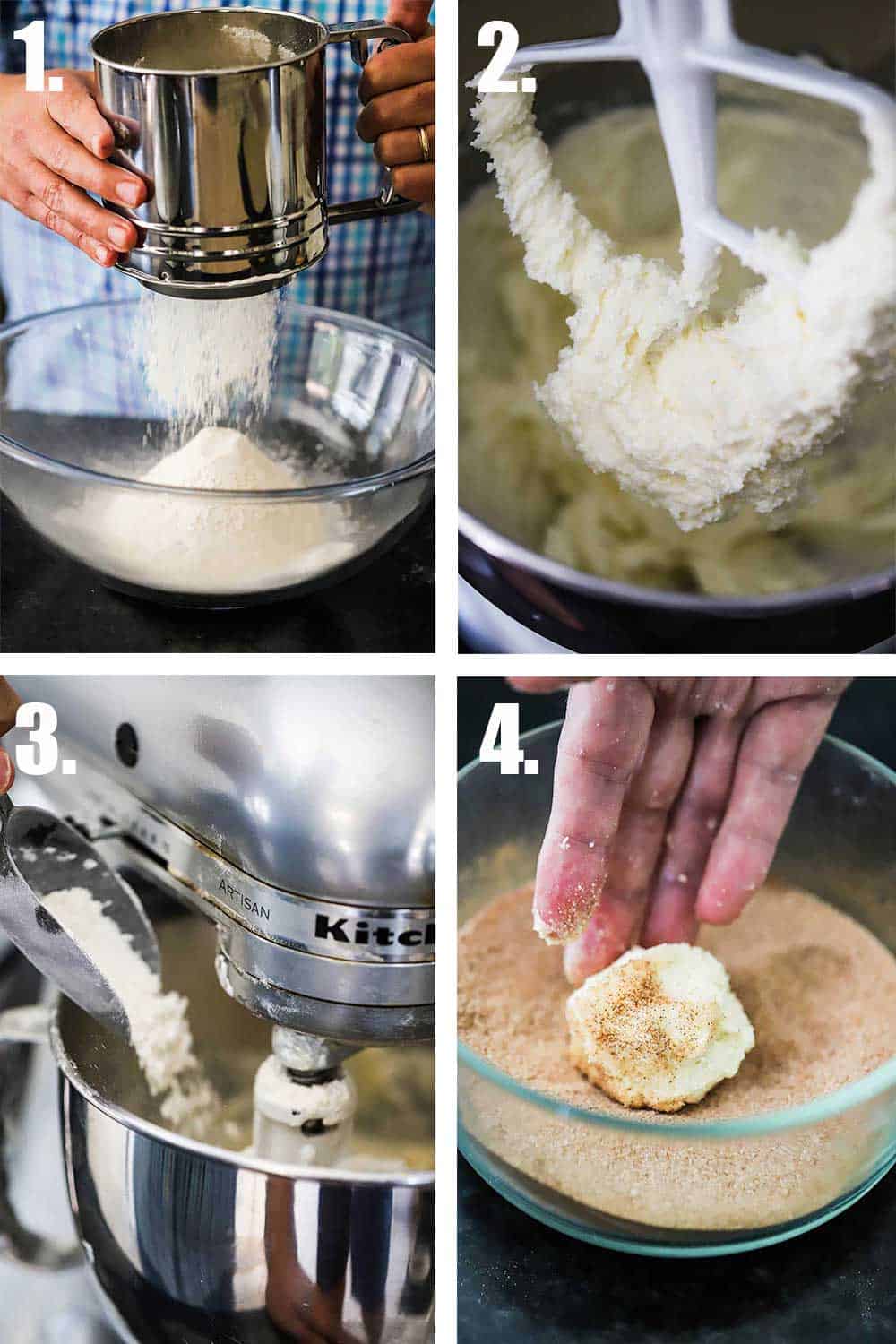 A person sifting flour into a glass bowl, and then cookie dough on a mixer paddle, and the flour being added into the mixer, and then a person rolling a ball of dough in sugar.