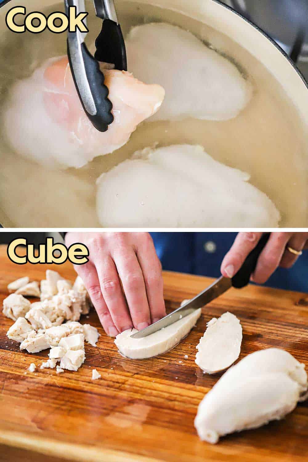 A person using a pair of tongs to lower skinless chicken breast into boiling water and then that person cubing the cooked chicken meat.