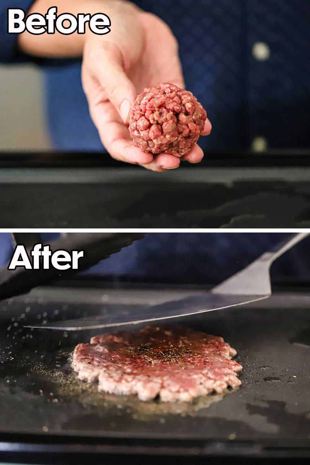 A person holding a ball of ground beef and then that person flattening the meat on a sizzling griddle with a large spatula.