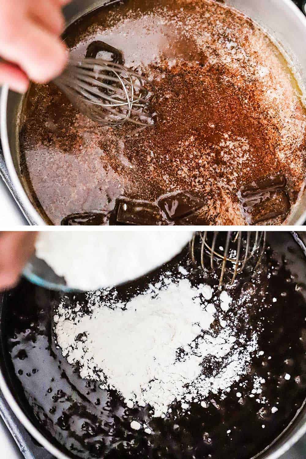 A medium saucepan filled with melted chocolate and butter and then the same pan with flour being poured into the chocolate mixture.