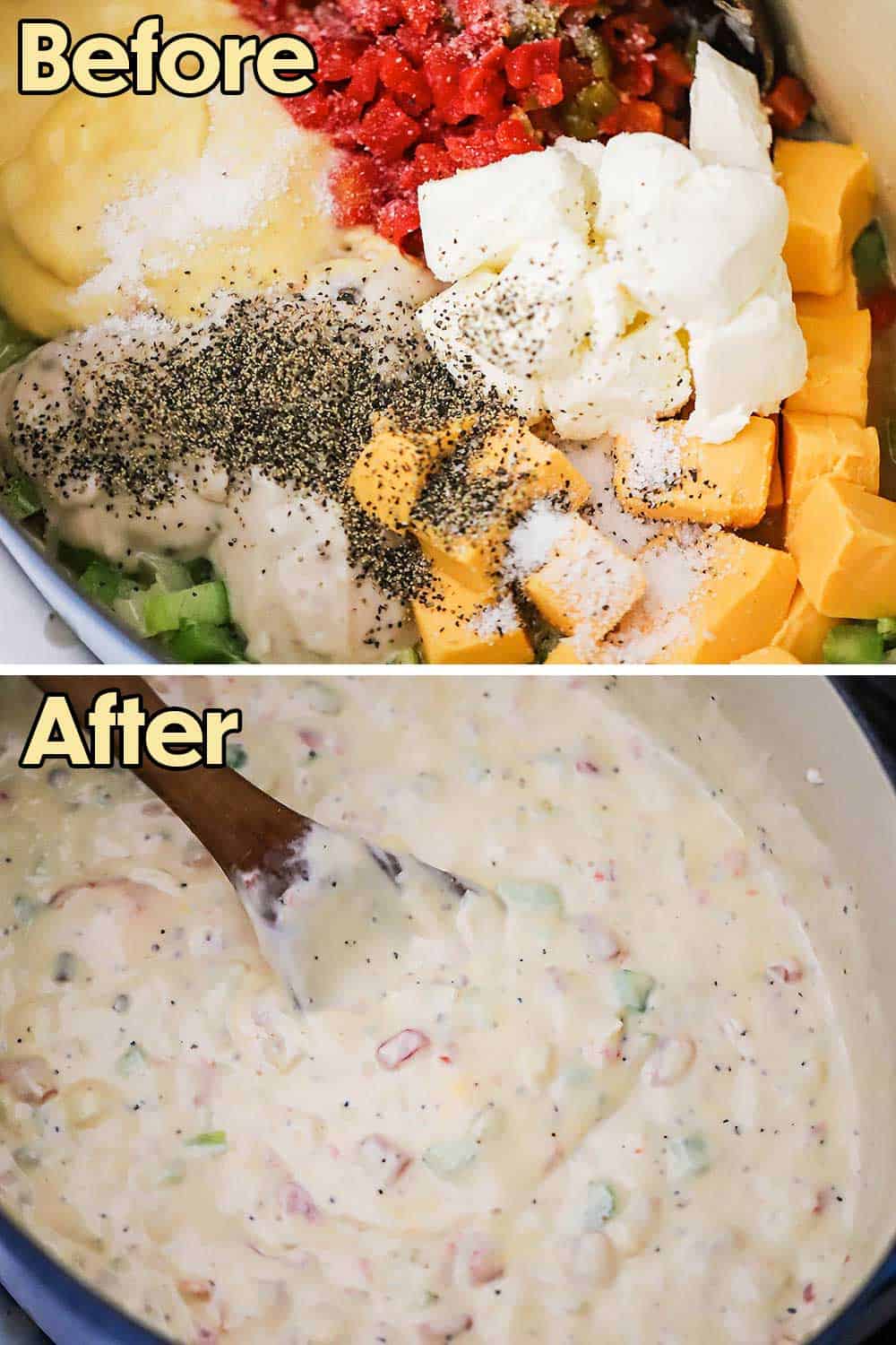 A large Dutch oven pot filled with cubed cream cheese, Velveeta, creamed soups, chopped tomatoes, salt, and pepper, and then the same pot after the cheese has melted and everything is stirred together.