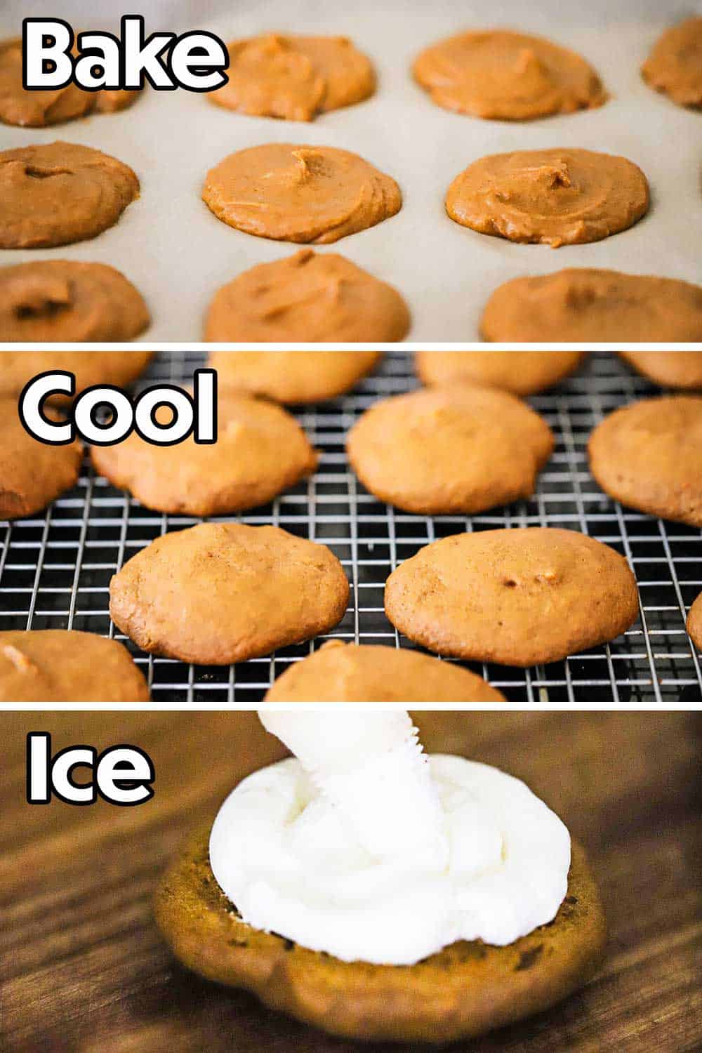 A baking sheet filled with uncooked whoopi pie rounds of batter, and then them cooling on a rack, and then them being iced with cream cheese frosting.