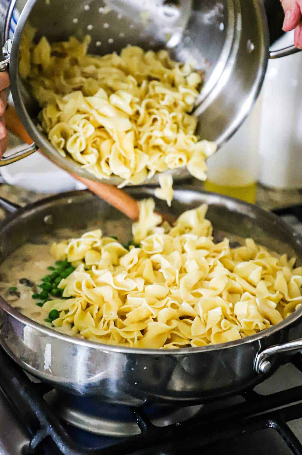 A person transferring cooked egg noodles from a pasta pot into a skillet filled with tetrazzini sauce.
