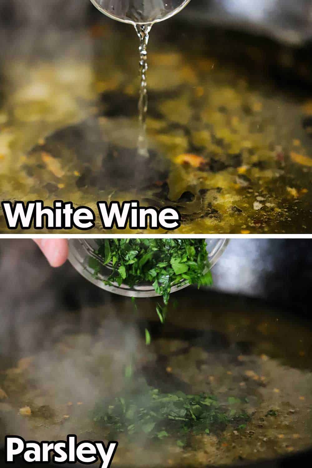 White wine being poured into a skillet filled with simmering oil and then chopped fresh parsley being added into the same skillet with the reduced wine.