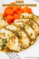 A white dinner plate filled with 5 slices of cut baked honey mustard chicken sitting next to sliced carrots and rice pilaf also on the plate.