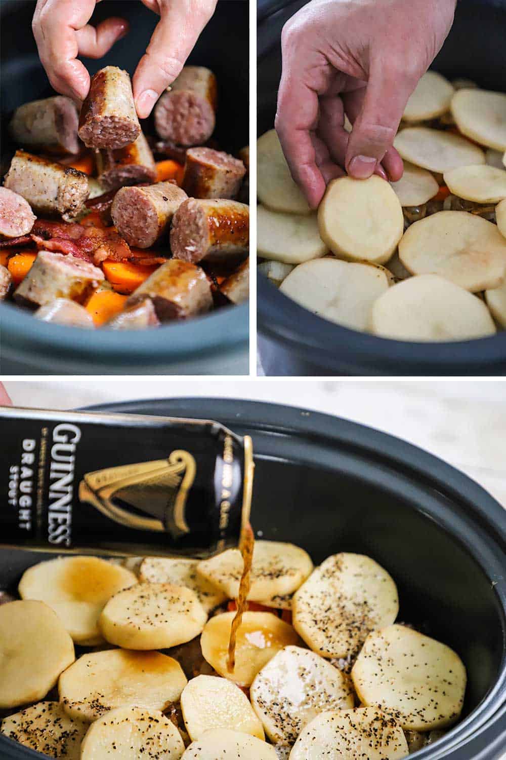 A person placing chunks of browned sausage into a slow-cooker and then a hand layering in sliced potatoes, and then finally Guinness being poured in from a can.