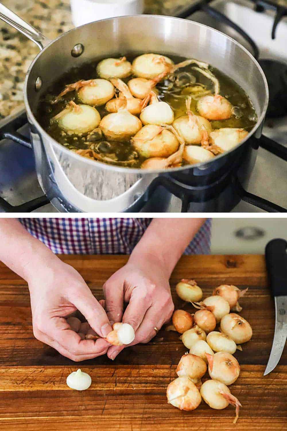 A medium-sized silver pot filled with boiling water and cipollini onions and then a person removing the skins from those onions.