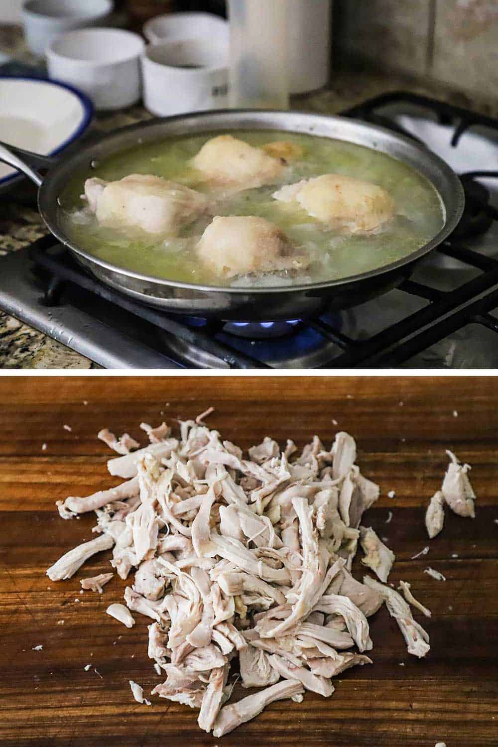 A large saucepan filled with skin-on chicken thighs and simmering water and then that same chicken that has been shredded on a cutting board.