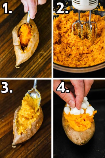 Four photos of removing the flesh from a baked sweet potato and then a hand mixer blending a sweet potato filling and then a spoon adding the filling and then topping with marshmallows.