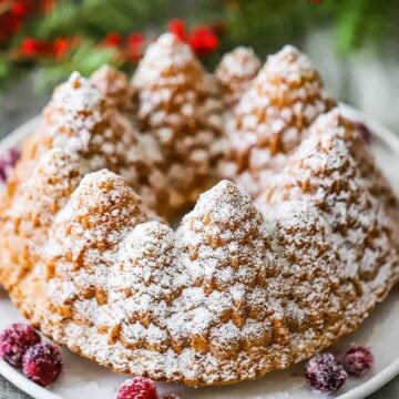 A Christmas bundt cake on a circular cake dish with sugar-coated cranberries around it.