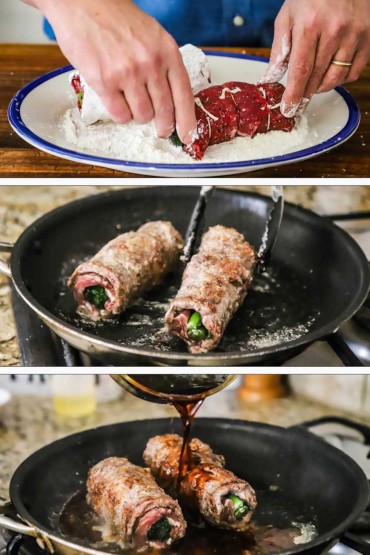 A person rolling a beef roll in cornstarch and then searing it in a skillet and then adding an Asian brown sauce.
