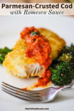 A close-up view of Parmesan crusted cod topped with romesco sauce and a bite of it is gone.