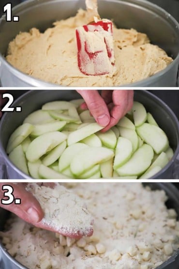 A person using a spatula to spread the cake batter in a springform pan and then layering apple slices over it and then sprinkling on a flour and butter crumble.