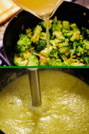 Chicken stock being poured into a pot of sautéed broccoli and carrots and then that same pot with an immersion blender that has puréed the vegetables.