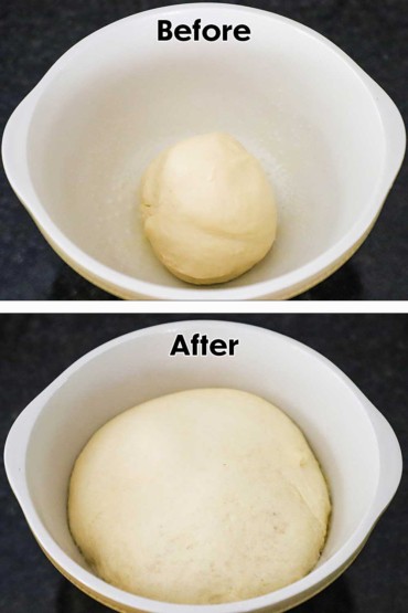 A before and after view of unrisen bread dough and then the dough that has doubled in size.
