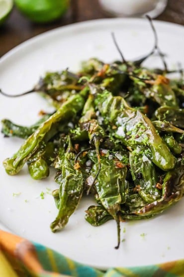 A straight-on view of a white serving dish filled with seared shishito peppers that are topped with coarse sea salt and lime zest.