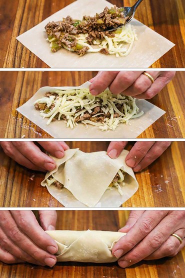 Four images of a person filling an egg roll wrapper with Philly cheesesteak meat and then completing the process of rolling and sealing it.