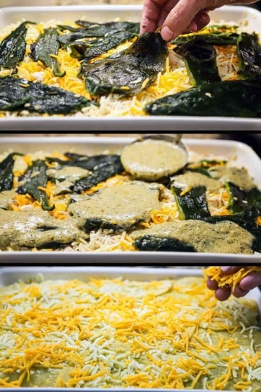 Three images showing first roasted poblano peppers being placed in a dish, and then green sauce being ladled over the peppers, and then that being topped with shredded cheese.