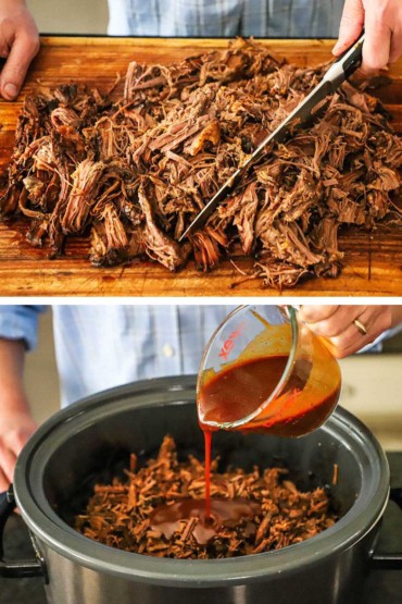 Two images with the first being a person using a large knife to chop cooked and shredded brisket and then another image of the chopped brisket in a slow cooker with that person pouring barbecue sauce over the meat.
