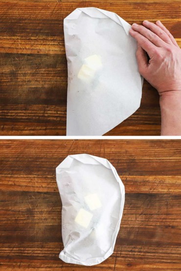 Two photos with the first being a person crimping the edges of a parchment paper pouch that is filled with fish and herbs and the second is of the pouch after it has been completely sealed.