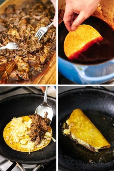 Four images with the first birria beef being shredded and the a corn tortilla being dipped in consommé, and then beef being placed on a corn tortilla in skillet and then the taco frying in the skillet.
