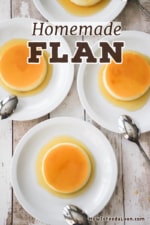 An overhead view of four white dessert plates that are holding homemade flan that are resting in a small pool of a light caramel sauce.