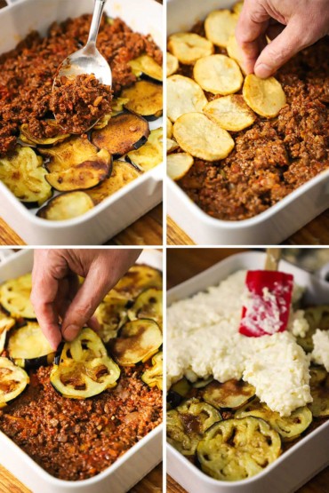 Four images with the first being a person spooning a meat mixture over a layer of eggplant pieces in a square baking dish, and then a layer of potatoes, then eggplant, and finally a thick bechamel sauce.