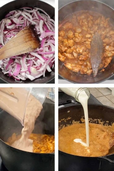 Four image with the first being red onion strips cooking in a pot, then chicken and bay leaf in the pot, then a puréed nut and onion going over the chicken, and then cream being poured into the mixture.