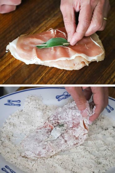 Two images with the first being a person threading a toothpick through a sage leaf, slice of prosciutto, and chicken cutlet and then that cutlet being dredged through flour.