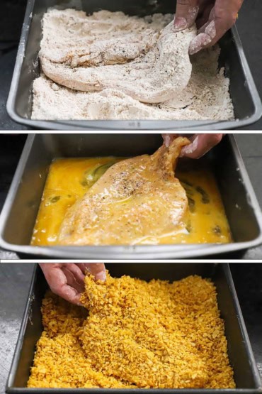 Three images with the first being a person dredging a chicken breast cutlet through seasoned flour in a pan, and then coating with an egg bath in a pan, and then in crushed corn flakes in a pan.